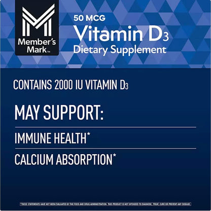 Member Mark Vitamina D3, 50 mcg (2000 UI), 400 Cápsulas Blandas