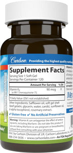 Carlson - Vitamina K2 MK-7 (Menaquinona) 90 mcg, Apoyo Óseo, Biodisponibilidad de Calcio, 120 Softgels