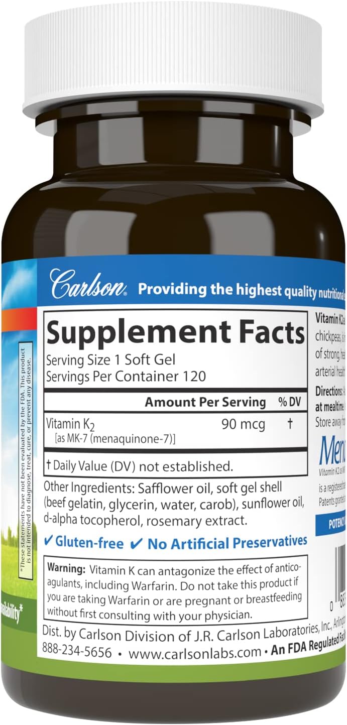Carlson - Vitamina K2 MK-7 (Menaquinona) 90 mcg, Apoyo Óseo, Biodisponibilidad de Calcio, 120 Softgels