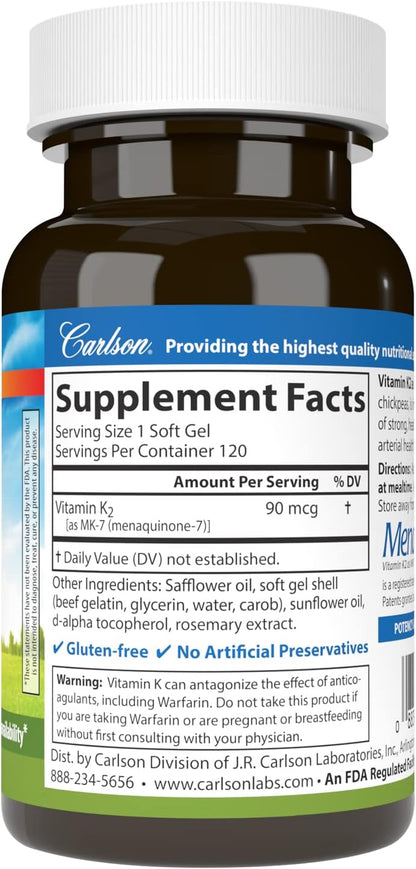 Carlson - Vitamina K2 MK-7 (Menaquinona) 90 mcg, Apoyo Óseo, Biodisponibilidad de Calcio, 120 Softgels – Image 2