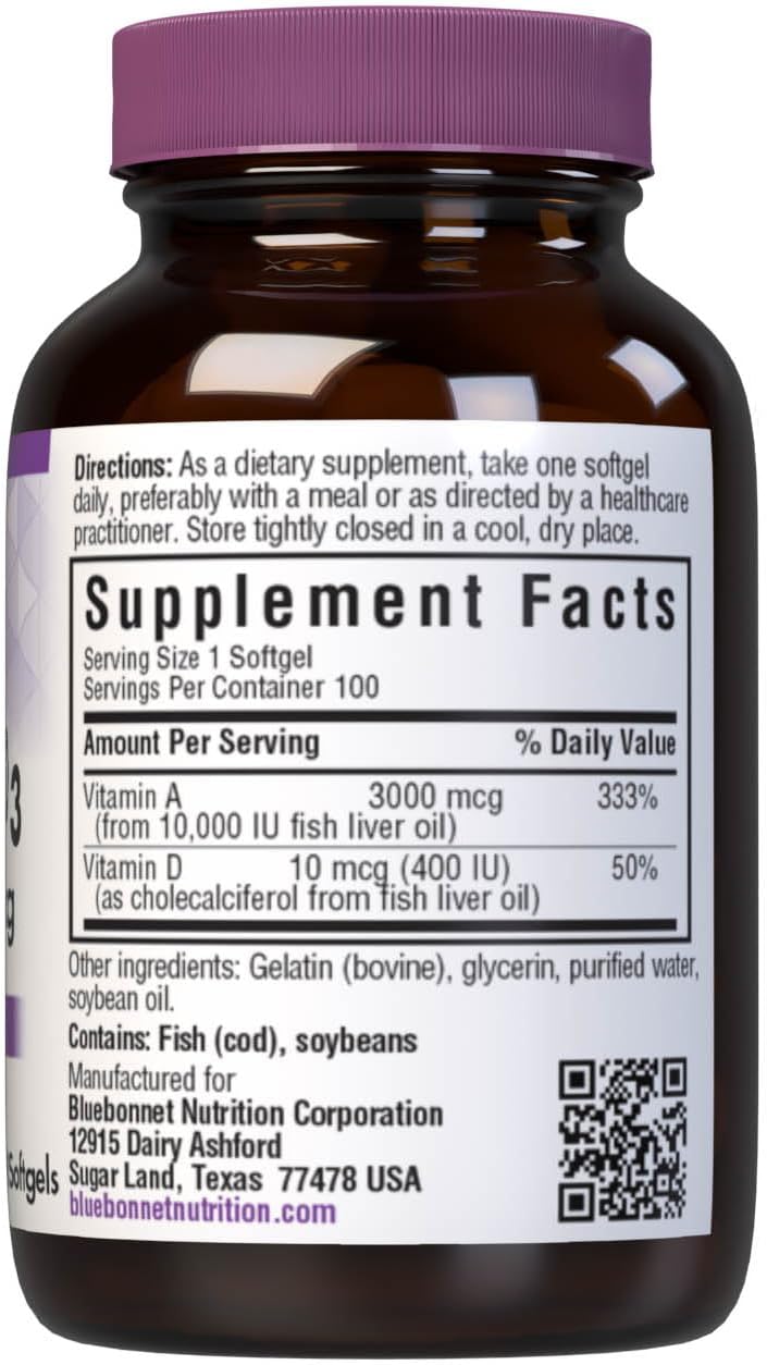 Bluebonnet Nutrition Vitamina A y D3 10.000 UI/400 UI - 100 Cápsulas Blandas