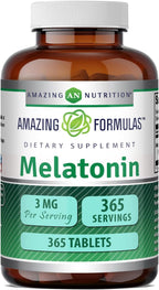 Amazing Formulas Melatonina 3 mg por porción | Tabletas | No Transgénico | Sin Gluten | 365 Comprimidos