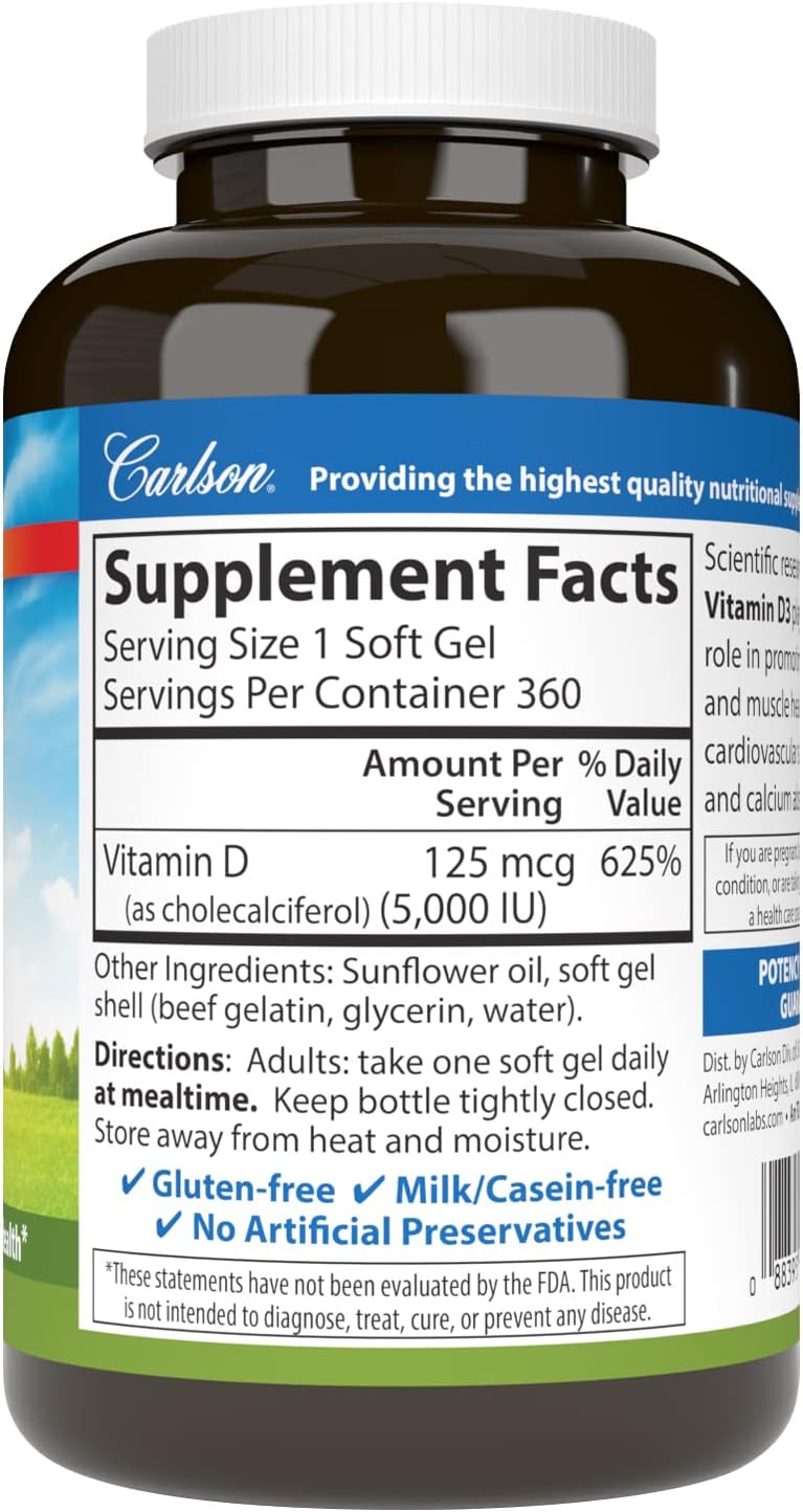 Carlson Vitamin D3 5,000 IU - 360 Softgels for Bone and Immune Health