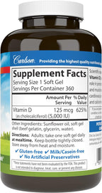 Carlson Vitamin D3 5,000 IU - 360 Softgels for Bone and Immune Health
