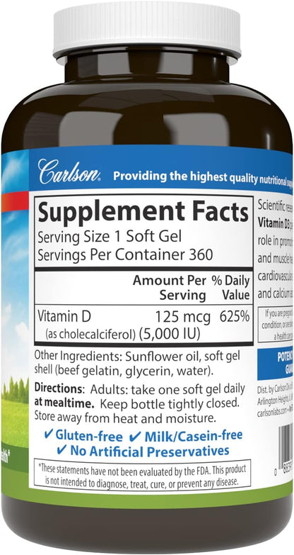 Carlson Vitamina D3 5,000 UI - 360 Cápsulas – Mantenimiento de los huesos: Contribuye al mantenimiento de los – Image 2