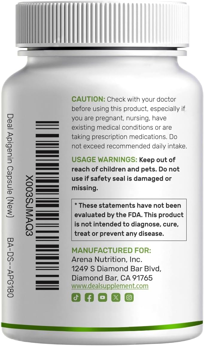Apigenina, 100mg por dosis, 240 Cápsulas – Extracto Vegetal de Manzanilla – Bioflavonoides y Antioxidantes – Suplemento para Sueño y Relajación – No GMO