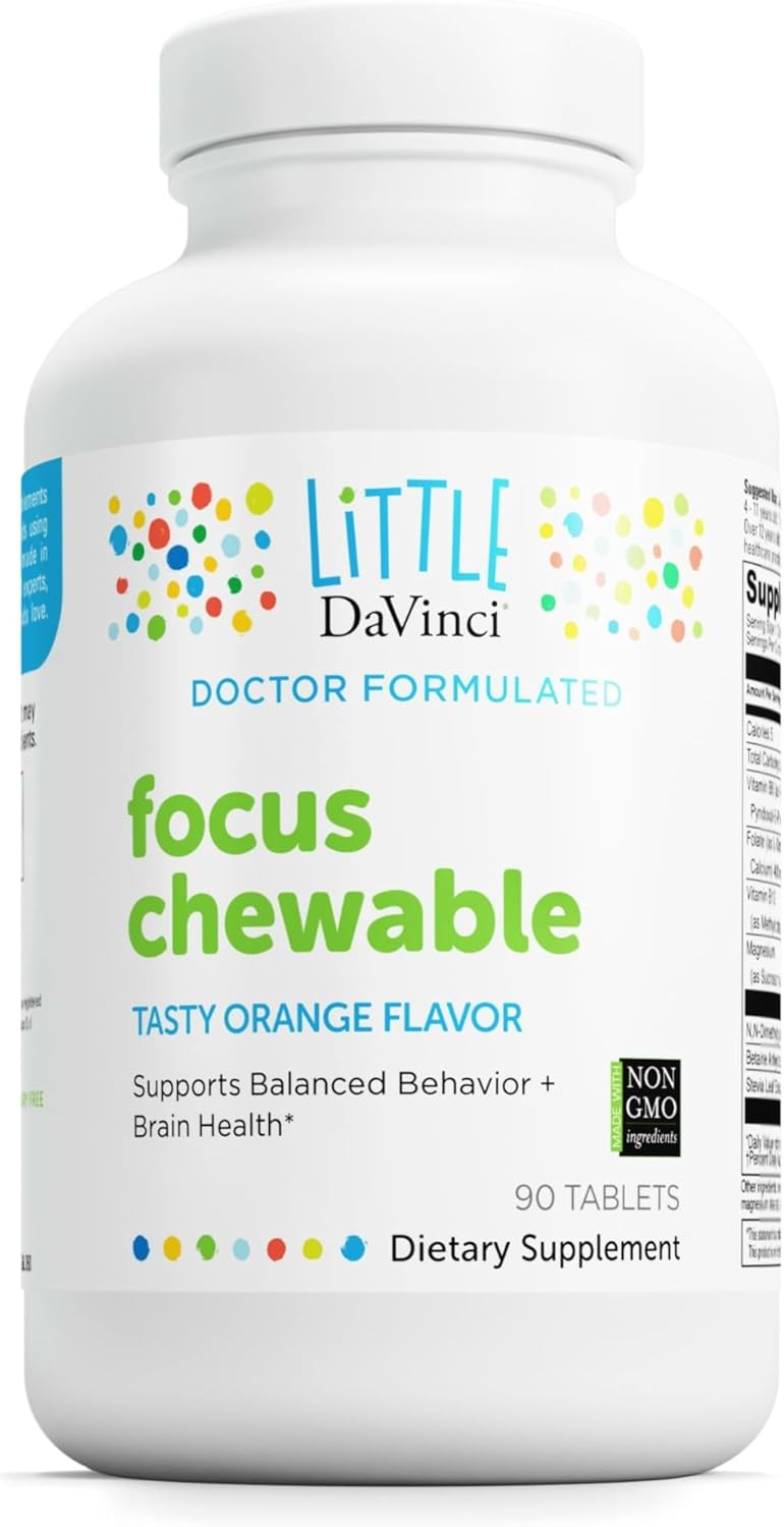 Little DaVinci Focus Chewable - Suplemento para la Concentración y la Salud Cerebral Infantil - Con Vitamina B6, Folato, Vitamina B12 y Magnesio - Sabor Naranja - Sin Azúcar - 90 Comprimidos