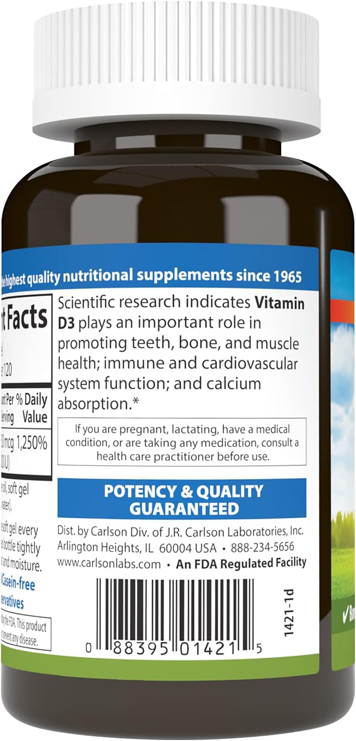 Carlson - Vitamina D3 10000 UI (250 mcg), 120 Cápsulas Blandas