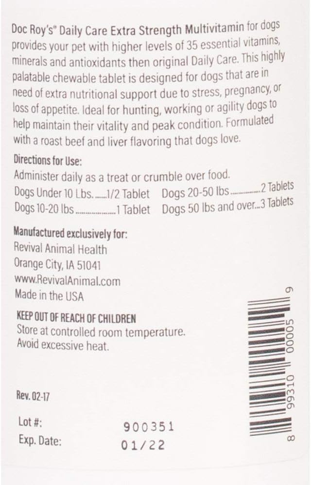 Doc Roy's Daily Care Extra Multivitamínico para Perros, 180 Comprimidos