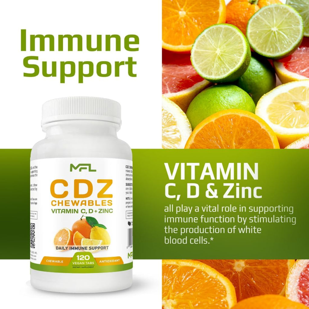 MUSCLE FOOD LABS C D Z Chewables - Vitamina C 1000 mg, Vitamina D3 y Zinc - 120 Comprimidos Masticables Vegetarianos