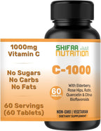 SHIFAA NUTRITION Halal Vitamina C 1000 mg - 60 Días - Con Saúco, Quercetina, Escaramujo y Rutina - Vegetariano, Sin Gluten