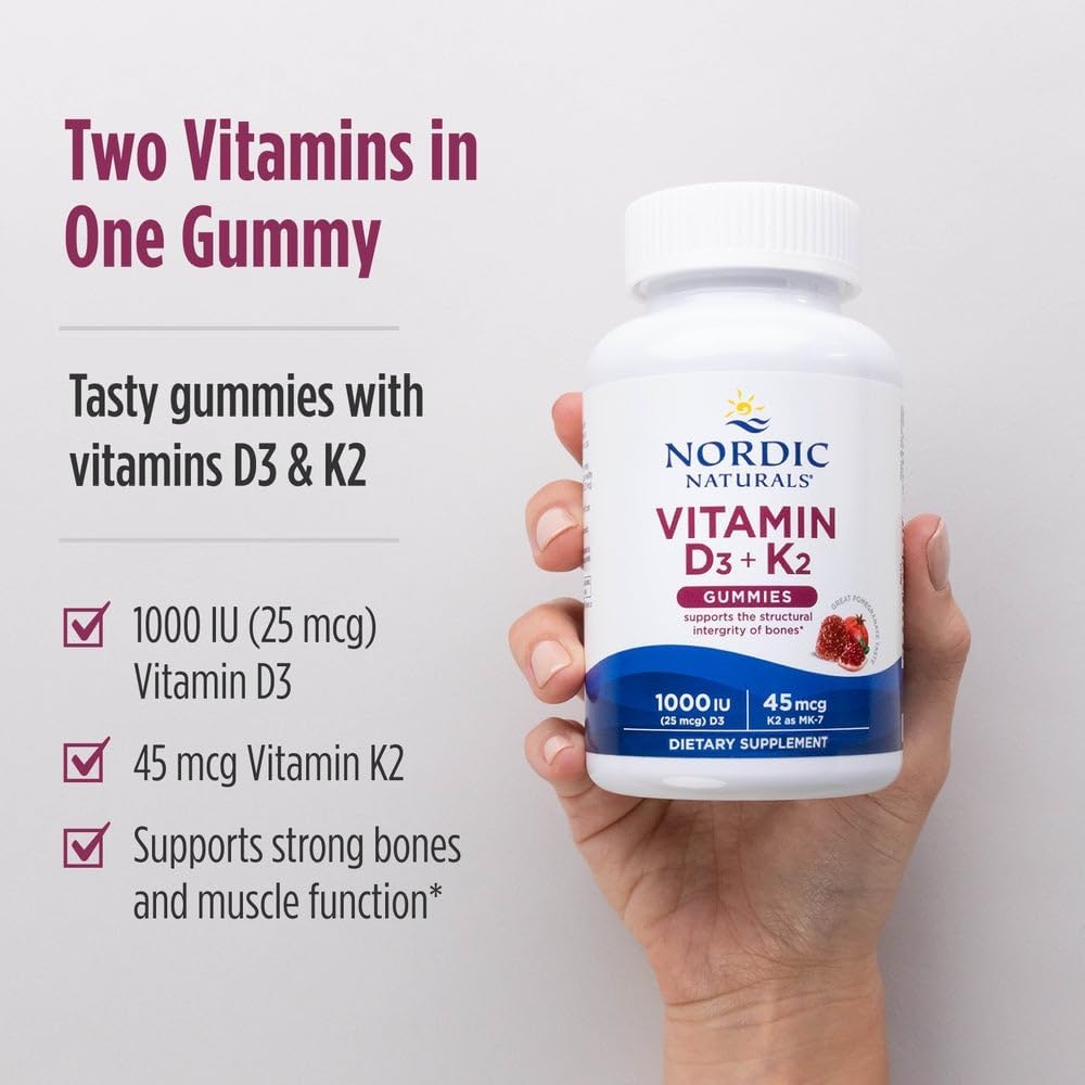 Nordic Naturals Vitamina D3 + K2 Gominolas, Granada - 120 Gominolas - 1000 UI Vitamina D3 + 45 mcg Vitamina K2