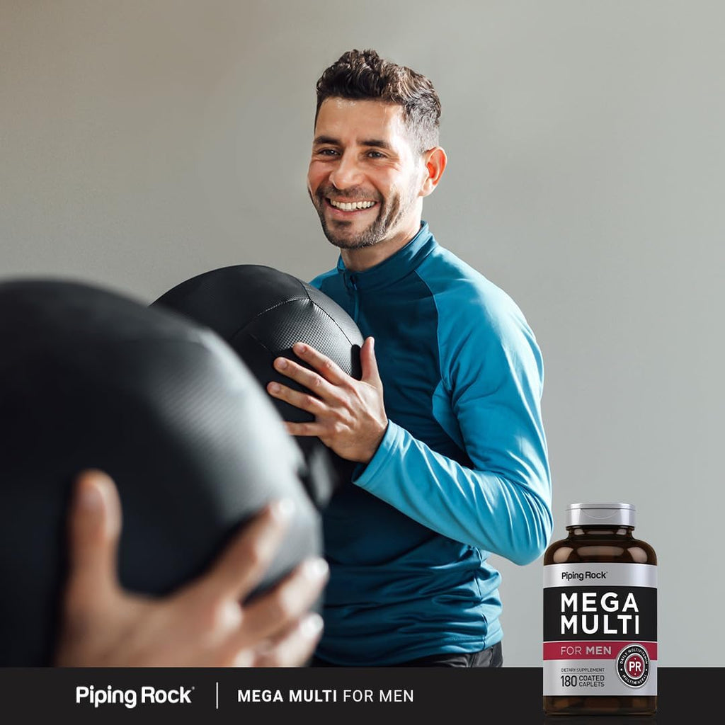 Piping Rock Multivitamínico para Hombres | 180 Caplets | Mega Men Multivitamins | No GMO, Sin Gluten