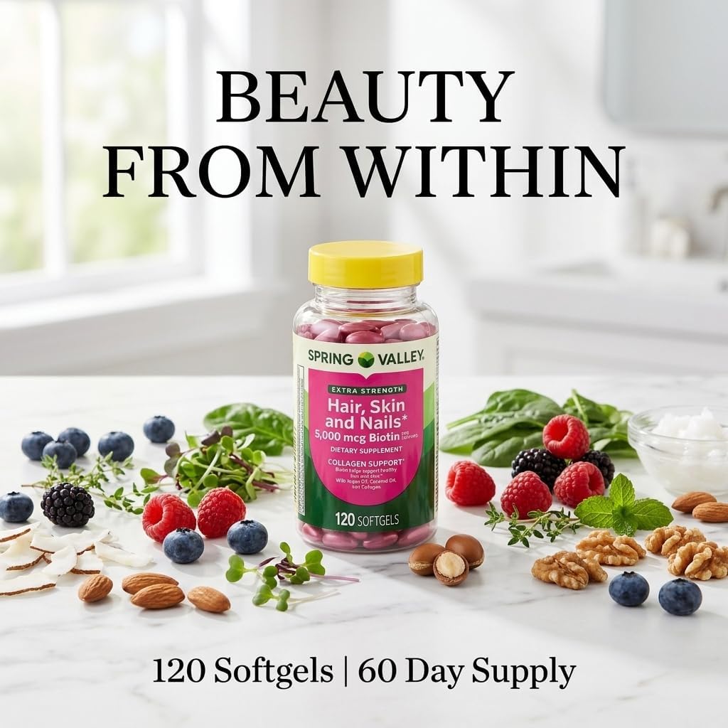 Spring Valley Extra Strength Biotina 5000 mcg - 120 Cápsulas Blandas para Cabello, Piel y Uñas
