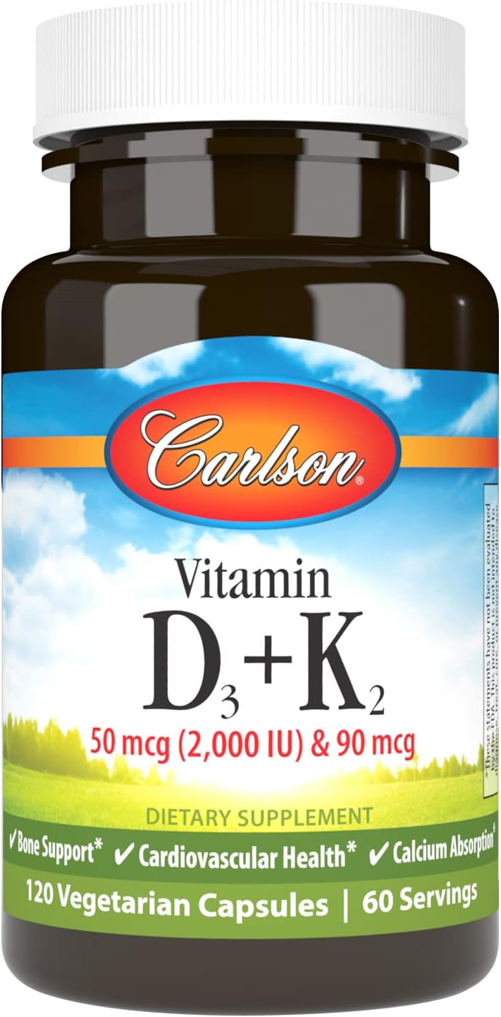 Carlson Vitamina D3 + K2, 2000 UI D3 y 90 mcg K2 MK-7, 60 Cápsulas