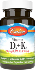 Carlson Vitamina D3 + K2, 50 mcg (2000 UI) Vitamina D3 y 90 mcg Vitamina K2 como MK-7, Soporte Óseo, Absorción de Calcio, 120 Cápsulas
