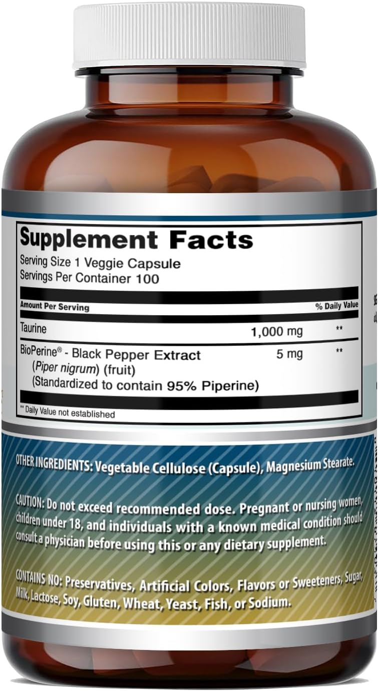 Amazing Formulas Taurine con Bioperine 1000 mg | Cápsulas Vegetales | No Transgénico | Sin Gluten | 100 Cápsulas