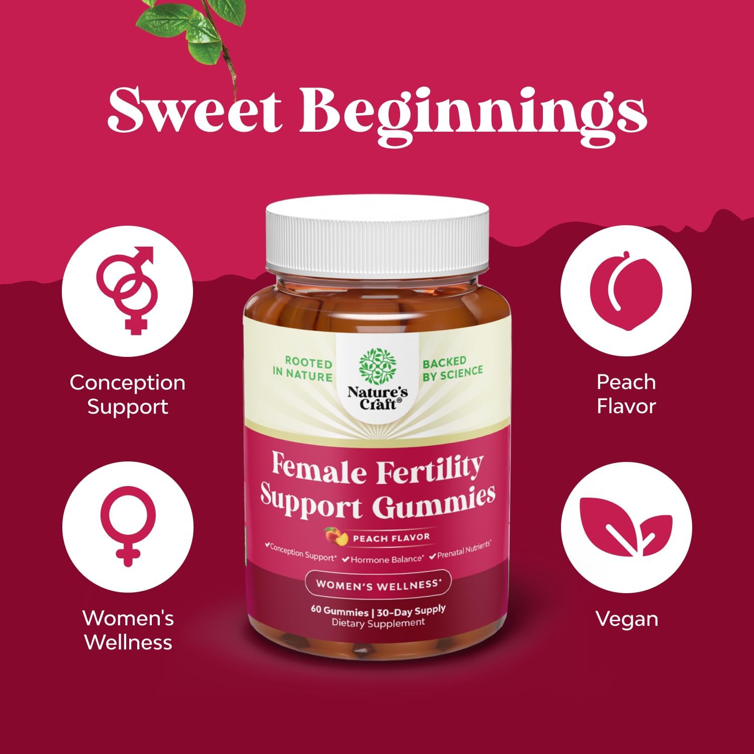 Fertility Gummies para Mujeres – Gominolas de Inositol con Myo-Inositol, Ácido Fólico y Vitex – Sabor Melocotón – 60 Unidades