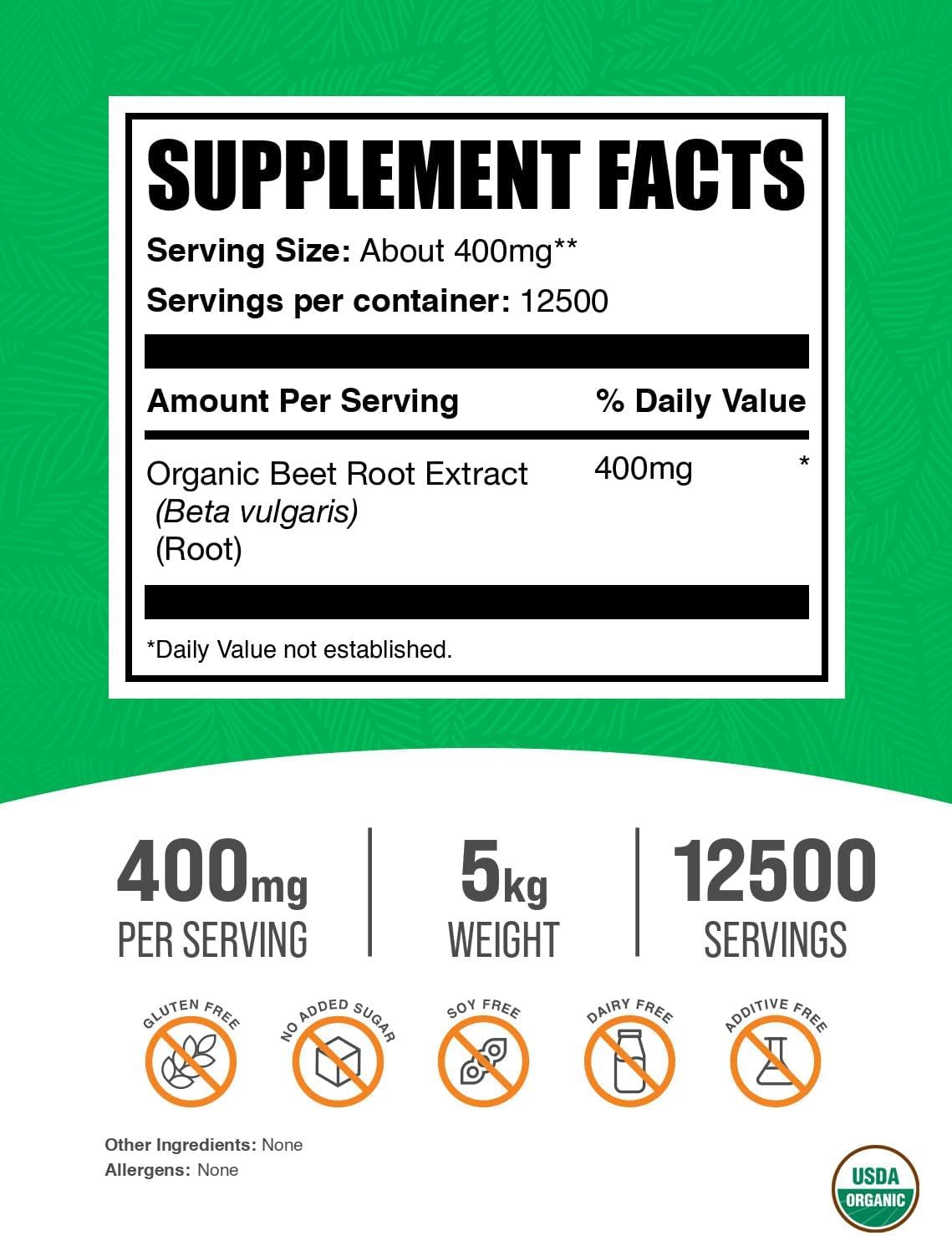 BulkSupplements.com Extracto Orgánico de Remolacha en Polvo - 400mg por ración, 1kg (Paquete de 5)