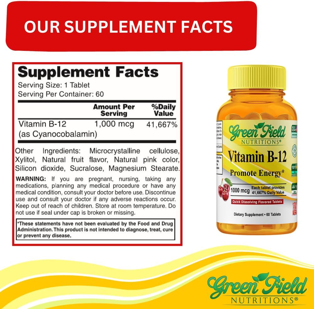 Greenfield Nutritions Vitamina B12 Halal 1000mcg - 60 Comprimidos Sublinguales Sabor Cereza