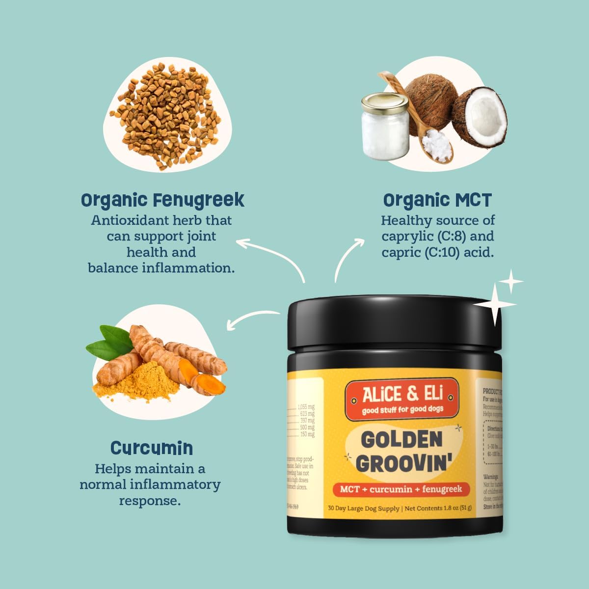 Alice & Eli Golden Groovin' Turmeric para Perros - Apoyo Inmunitario y Articular Natural con Curcumina Orgánica, MCT y Fenogreco - Suministro para 30 Días para Perros Grandes