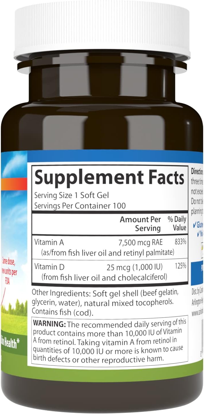 Carlson A y D, 25000 UI (7500 mcg RAE) Vitamina A, 1000 UI (25 mcg) Vitamina D3, 100 Cápsulas Blandas
