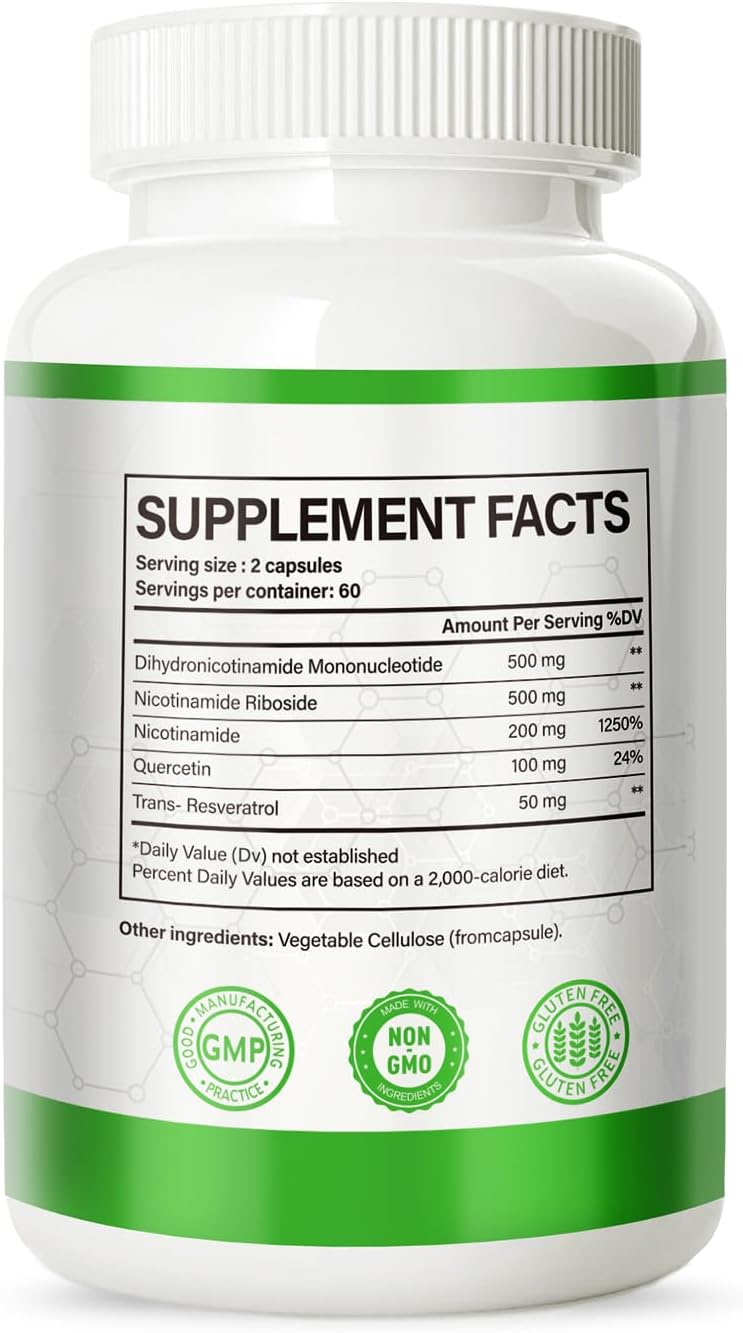 NMNH (Dihidronicotinamida Mononucleótido) con Niacinamida, Quercetina y Resveratrol - Apoyo NAD+ - 120 Cápsulas