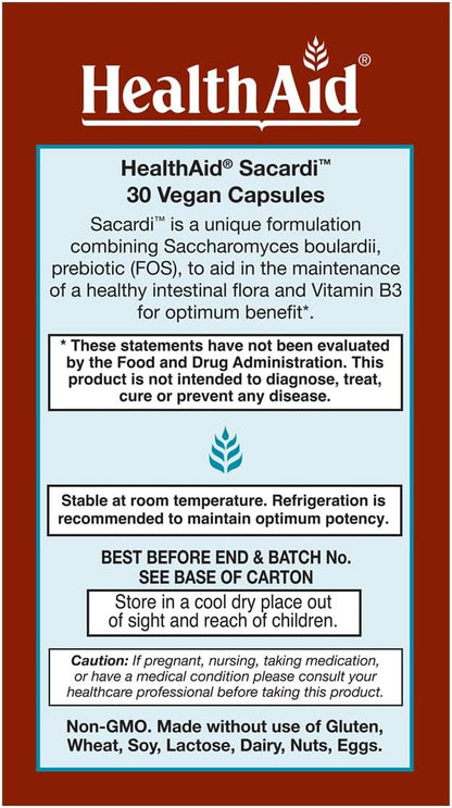 Sacardi Saccharomyces Boulardii – Once-Daily with Vitamin B3 & FOS | 5 Billion CFU | 30 Vegan Tablets | Dairy-Free & – Image 3