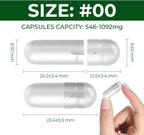 Cápsulas Vacías Tamaño 00 Separadas Veganas (1.000 Cápsulas + 1.000 Cuerpos) - Sin Gluten, No GMO, Certificación Halal - Kit de Llenado para Suplementos Caseros
