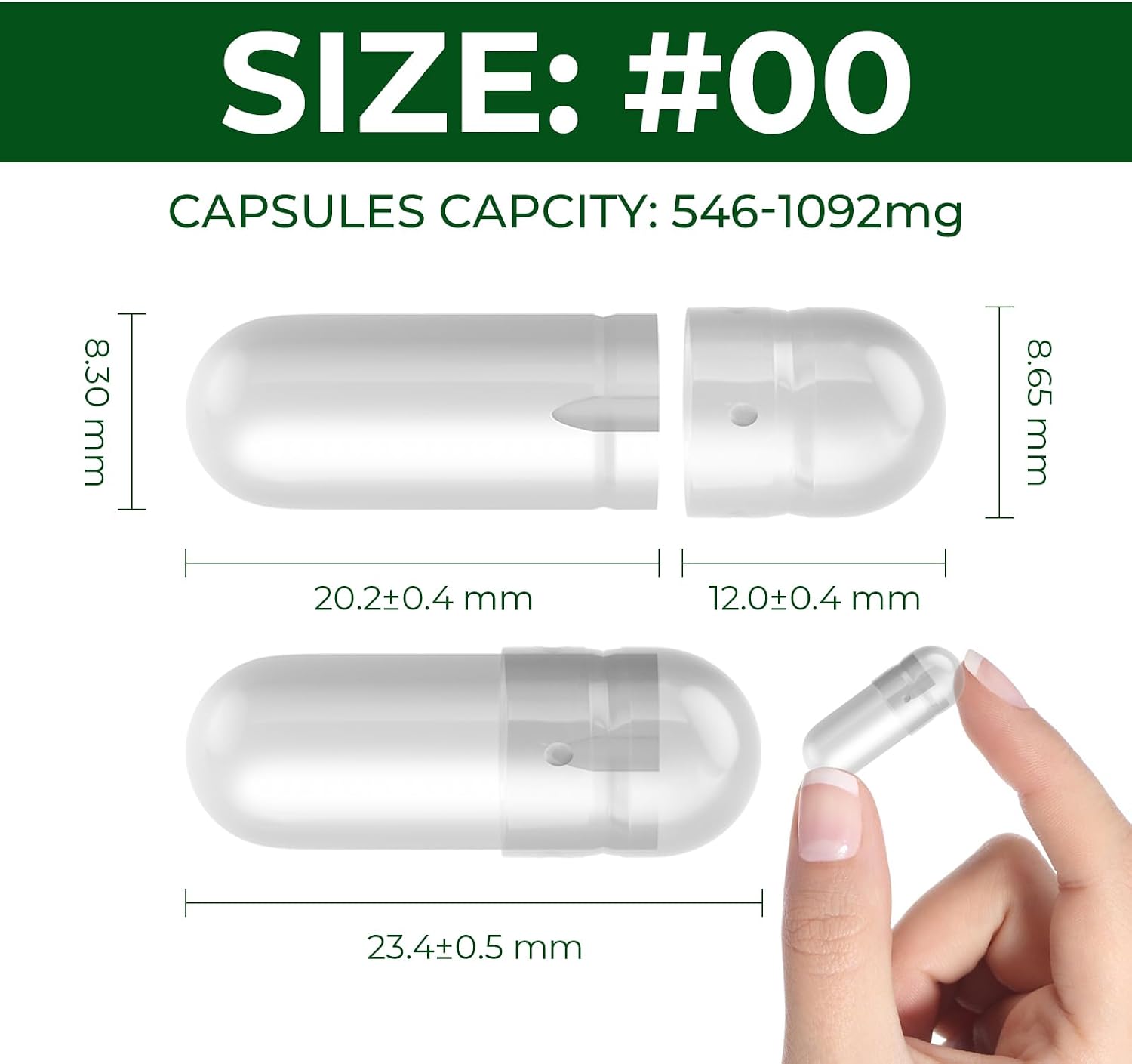 Cápsulas Vacías Tamaño 00 Separadas Veganas (1.000 Cápsulas + 1.000 Cuerpos) - Sin Gluten, No GMO, Certificación Halal - Kit de Llenado para Suplementos Caseros
