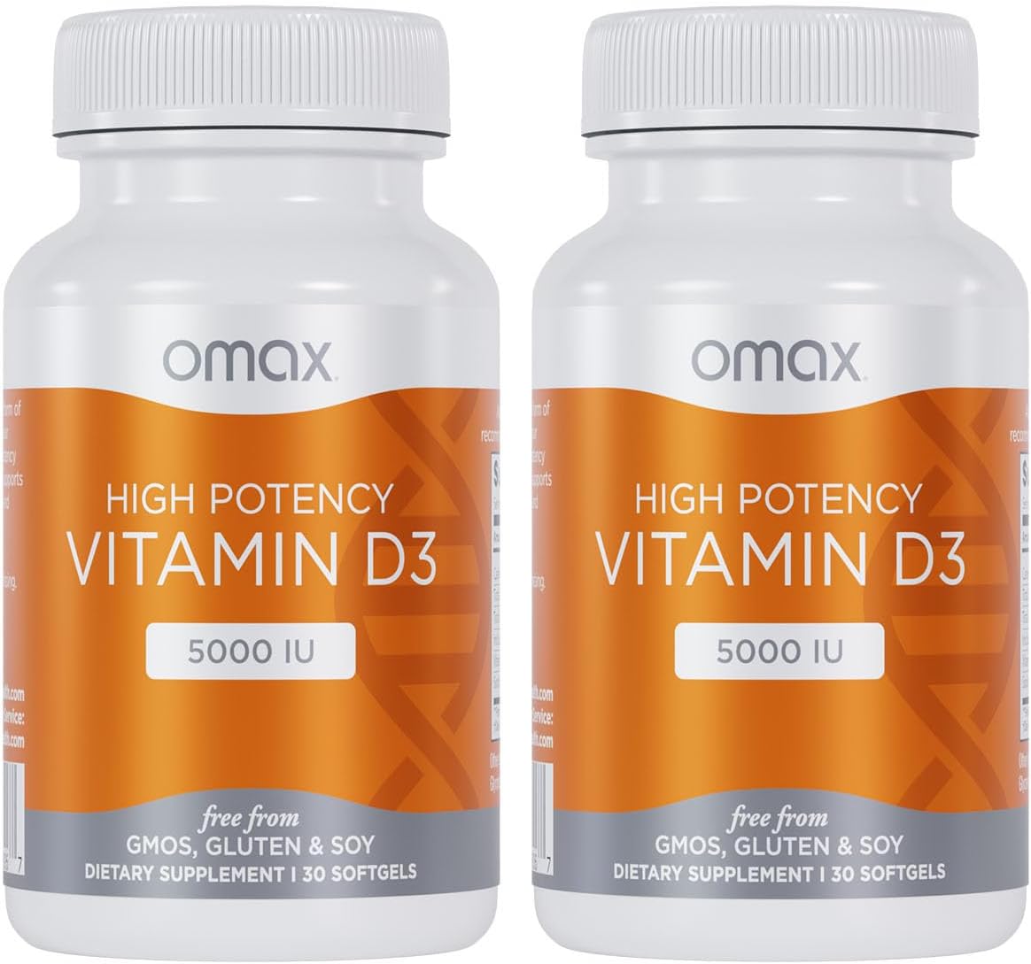 Omax3 Vitamina D3 de Alta Potencia 5,000 IU (125 mcg) - Huesos Fuertes, Músculos y Articulaciones, Salud del Corazón, Inmunidad - 30 Cápsulas Blandas