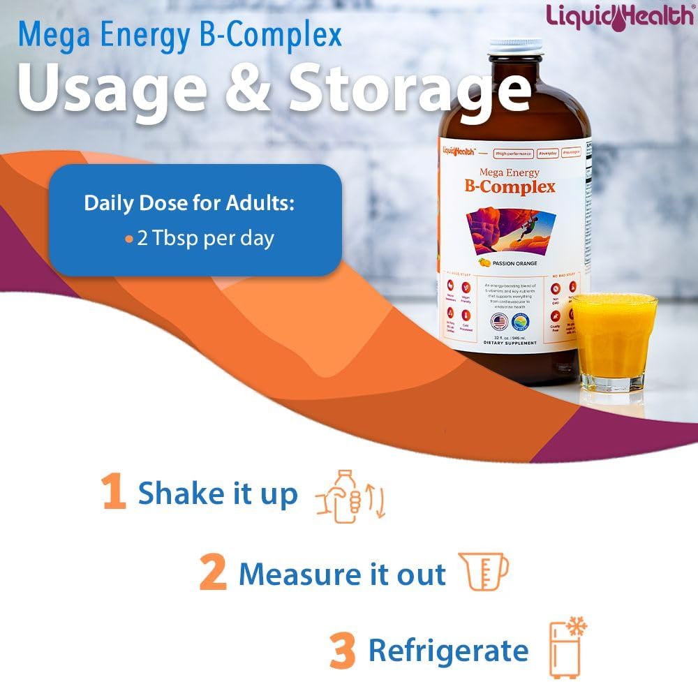 LIQUIDHEALTH Mega Energy Methylated B-Complex, Suplemento Líquido de Vitaminas B para Adultos - 946 ml