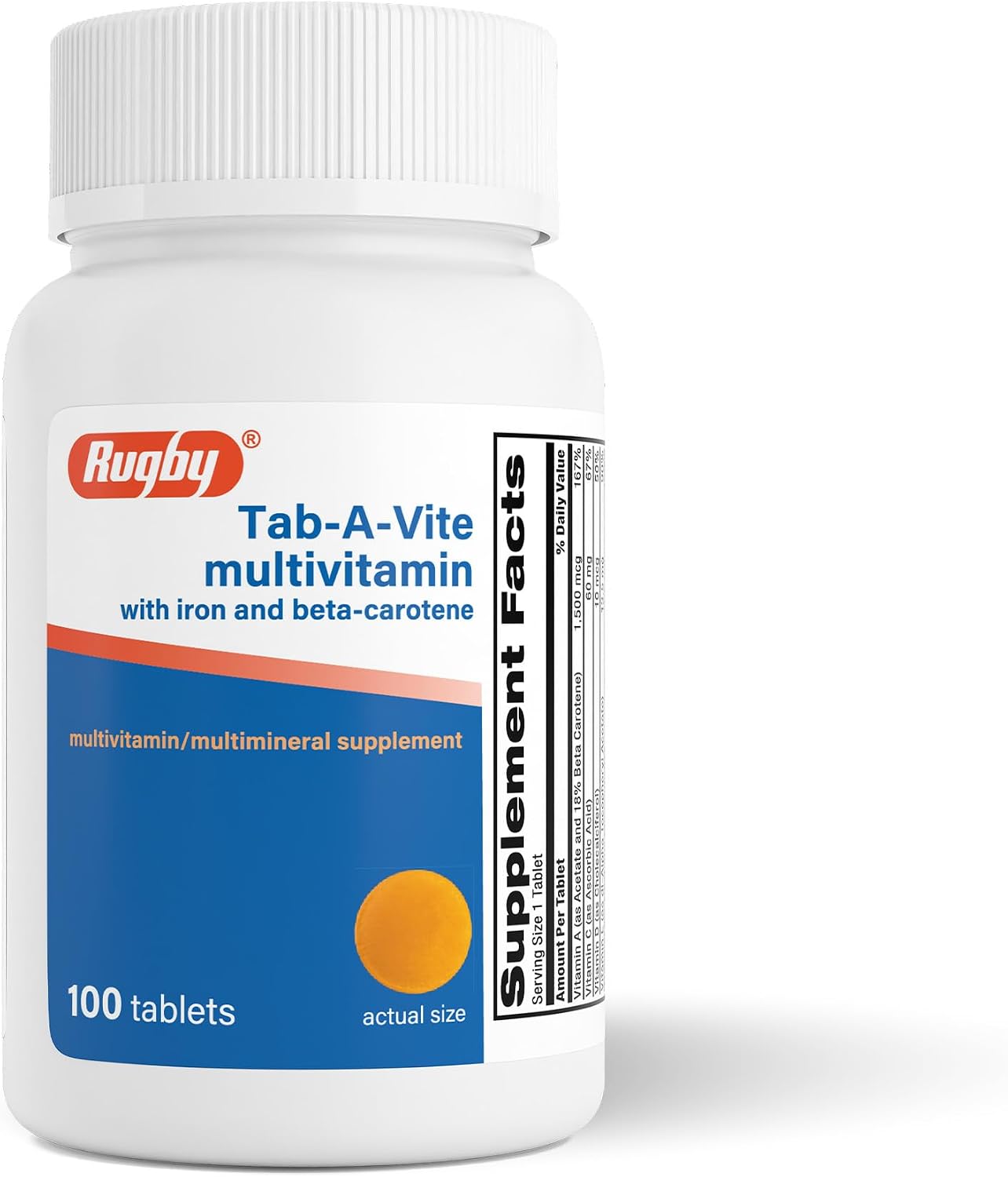 Rugby Tab-A-Vite Multivitamin con Hierro y Betacaroteno - Multivitamínico Diario para Adultos, Apoya la Salud General, Suplemento Multimineral - 100 Comprimidos