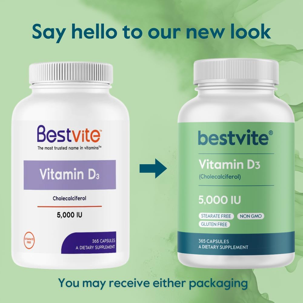 BESTVITE Vitamina D3 5000 UI (365 Cápsulas) - Sin Estearatos - No GMO - Sin Gluten