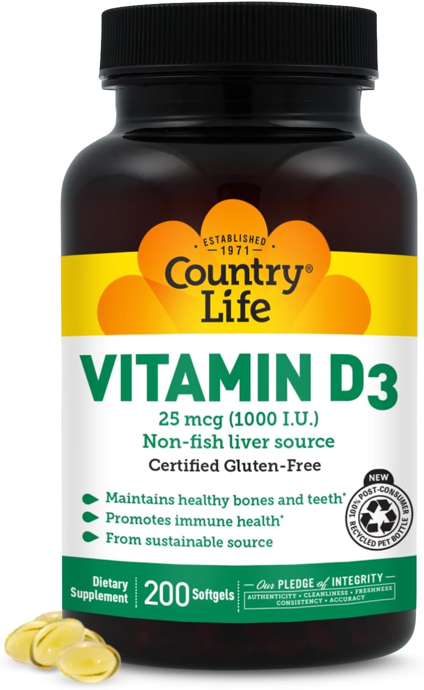 Country Life Vitamina D3 1000 UI (25 mcg) – 200 Cápsulas Blandas