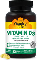Country Life Vitamina D3 1000 UI (25 mcg) – 200 Cápsulas Blandas
