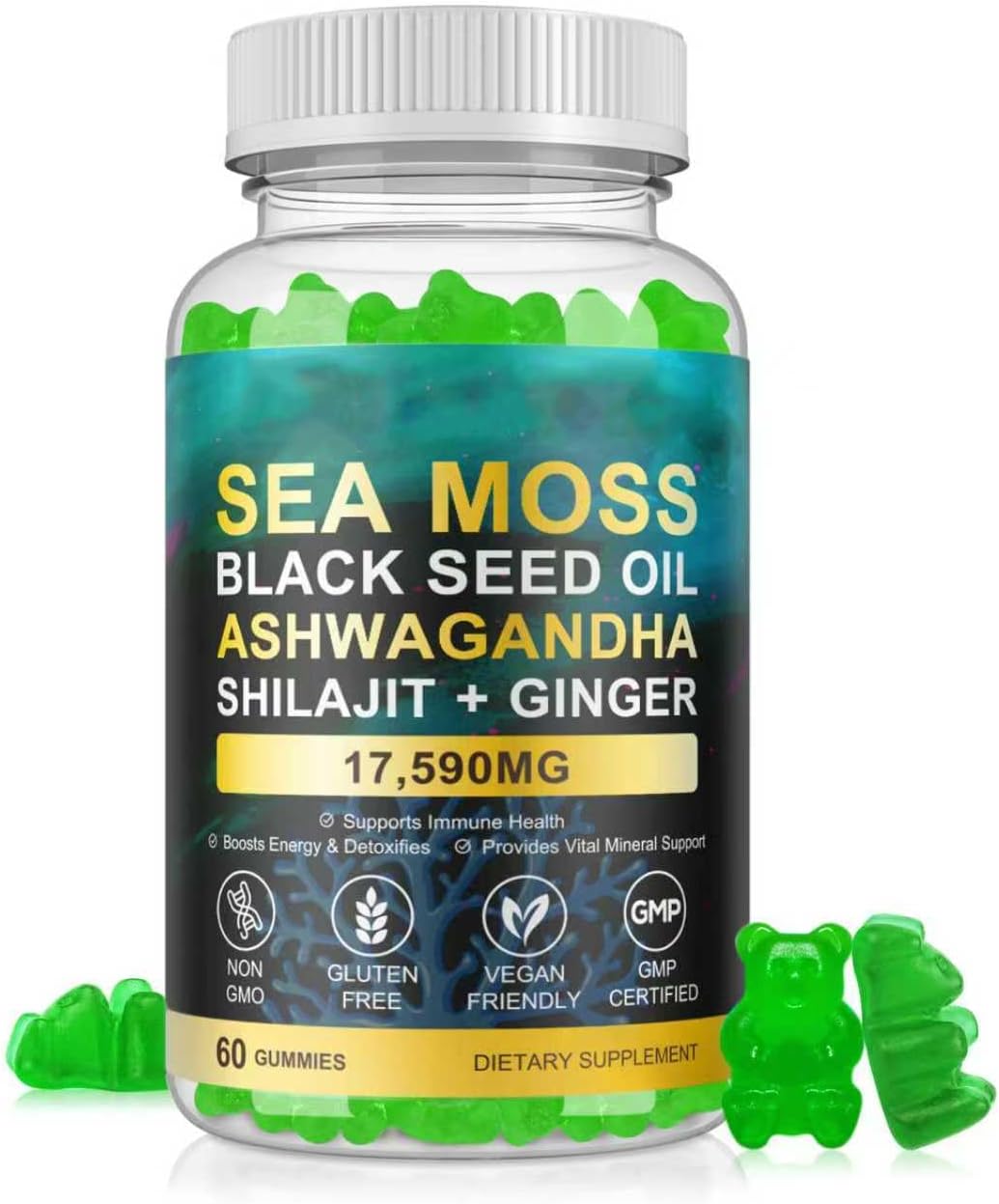 LTQXGT Gominolas de Sea Moss, Bladderwrack, Ashwagandha y Burdock Root - 60 Gominolas Veganas