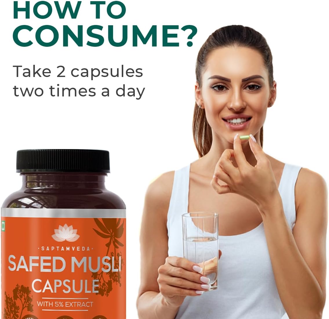 SAPTAMVEDA Cápsulas Naturales de Safed Musli, 500 mg cada una con Extracto, 60 Cápsulas (Paquete de 1)