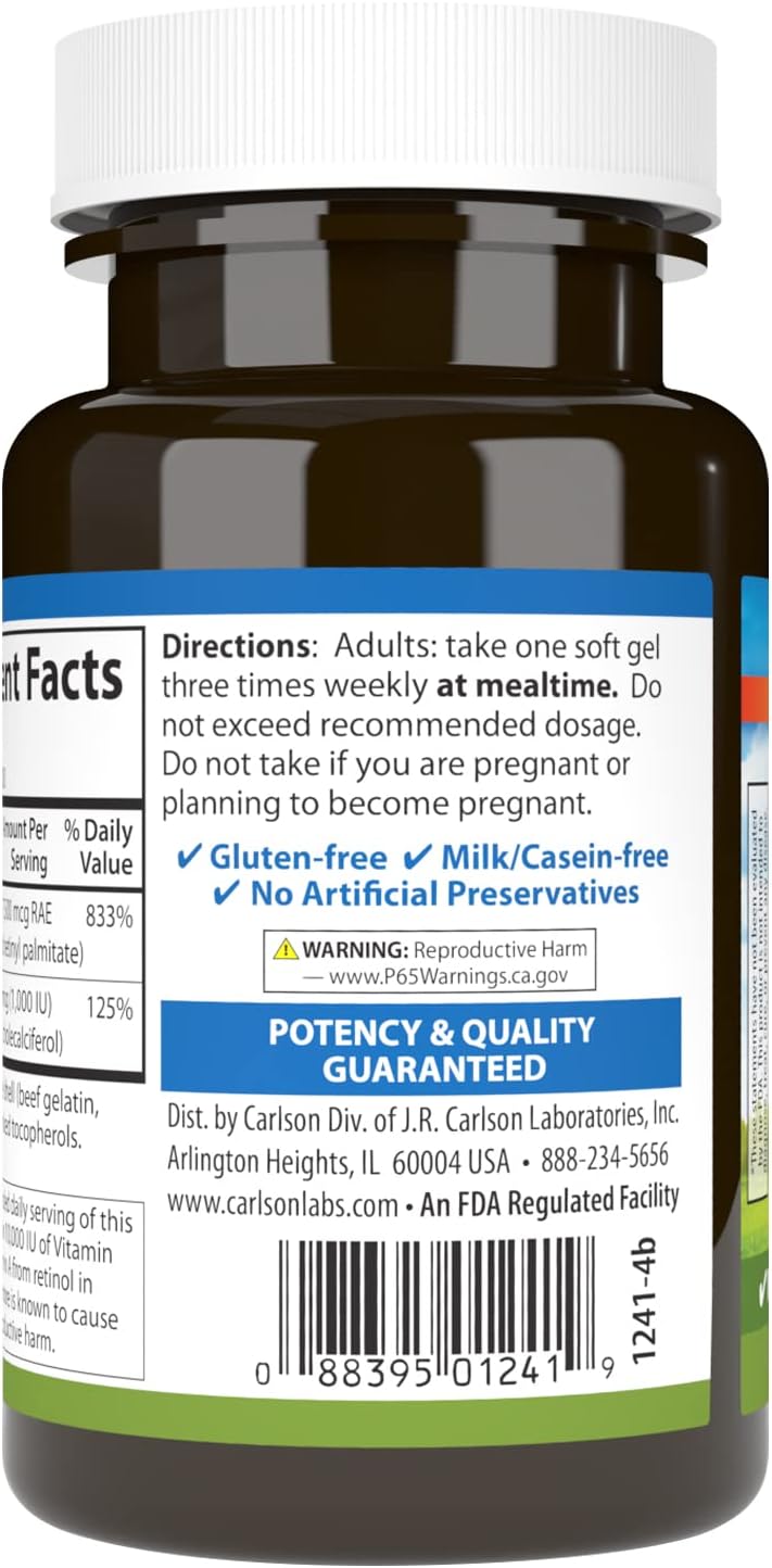 Carlson A y D, 25000 UI (7500 mcg RAE) Vitamina A, 1000 UI (25 mcg) Vitamina D3, 100 Cápsulas Blandas
