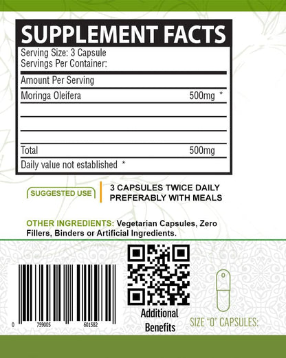 100% Organic Moringa - 150 Cápsulas – Calcio: necesario para el mantenimiento de los huesos y los dientes en – Image 3