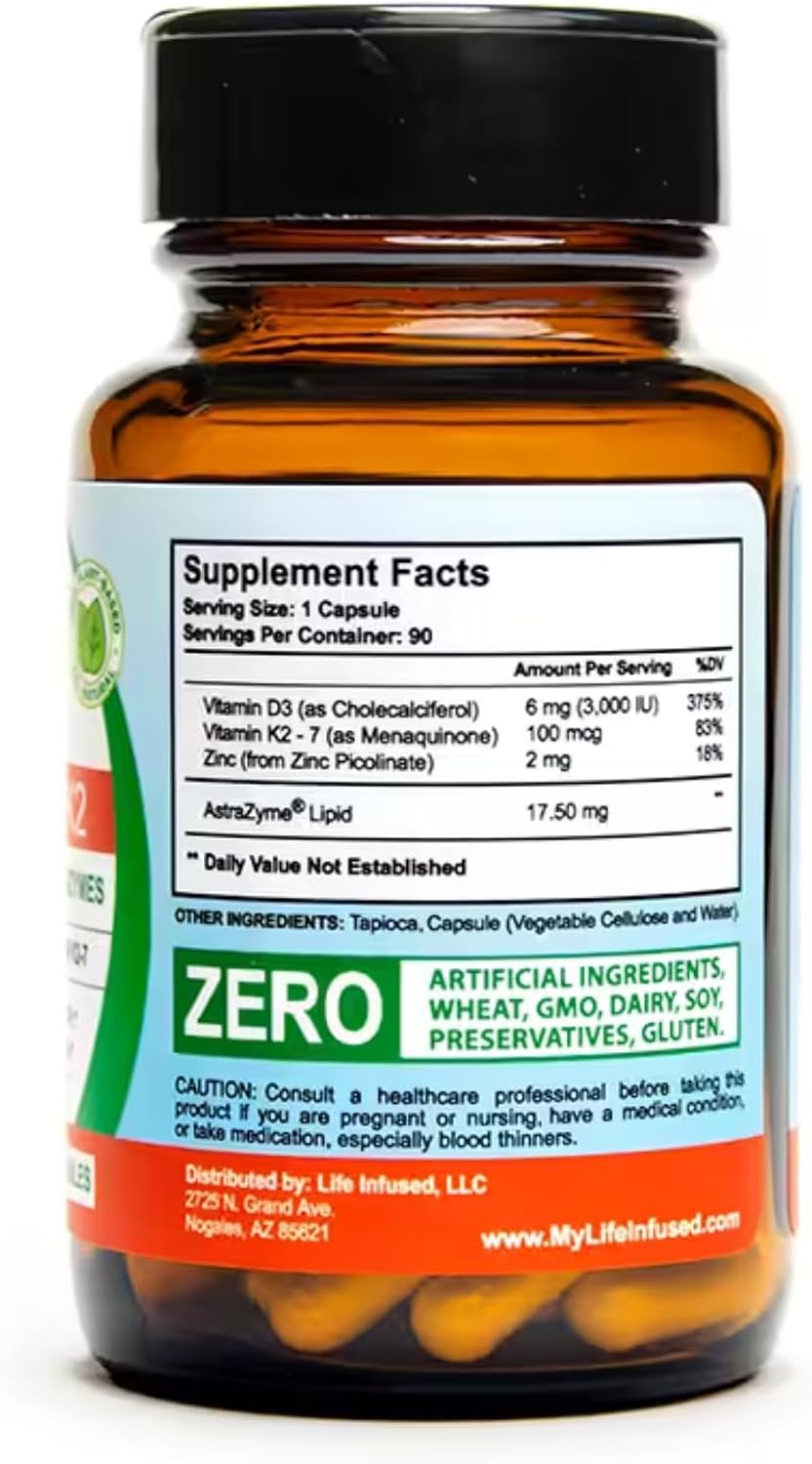 Life Infused Vitamina D3 + K2 con Zinc y Enzimas | 3000 UI D3, MK-7 K2 | 90 Cápsulas