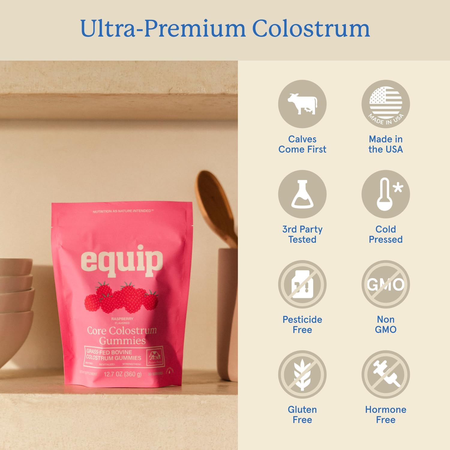 Equip Foods Core Bovine Colostrum Gummies - 60 Gominolas de Calostro Bovino, 1g por Ración, Sabor Frambuesa