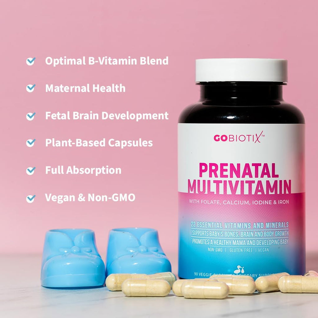 GOBIOTIX Vitaminas Prenatales para Mujeres - Multivitamínico con Hierro, Calcio, Vitamina D2, C, Zinc y Ácido Fólico - 90 Cápsulas