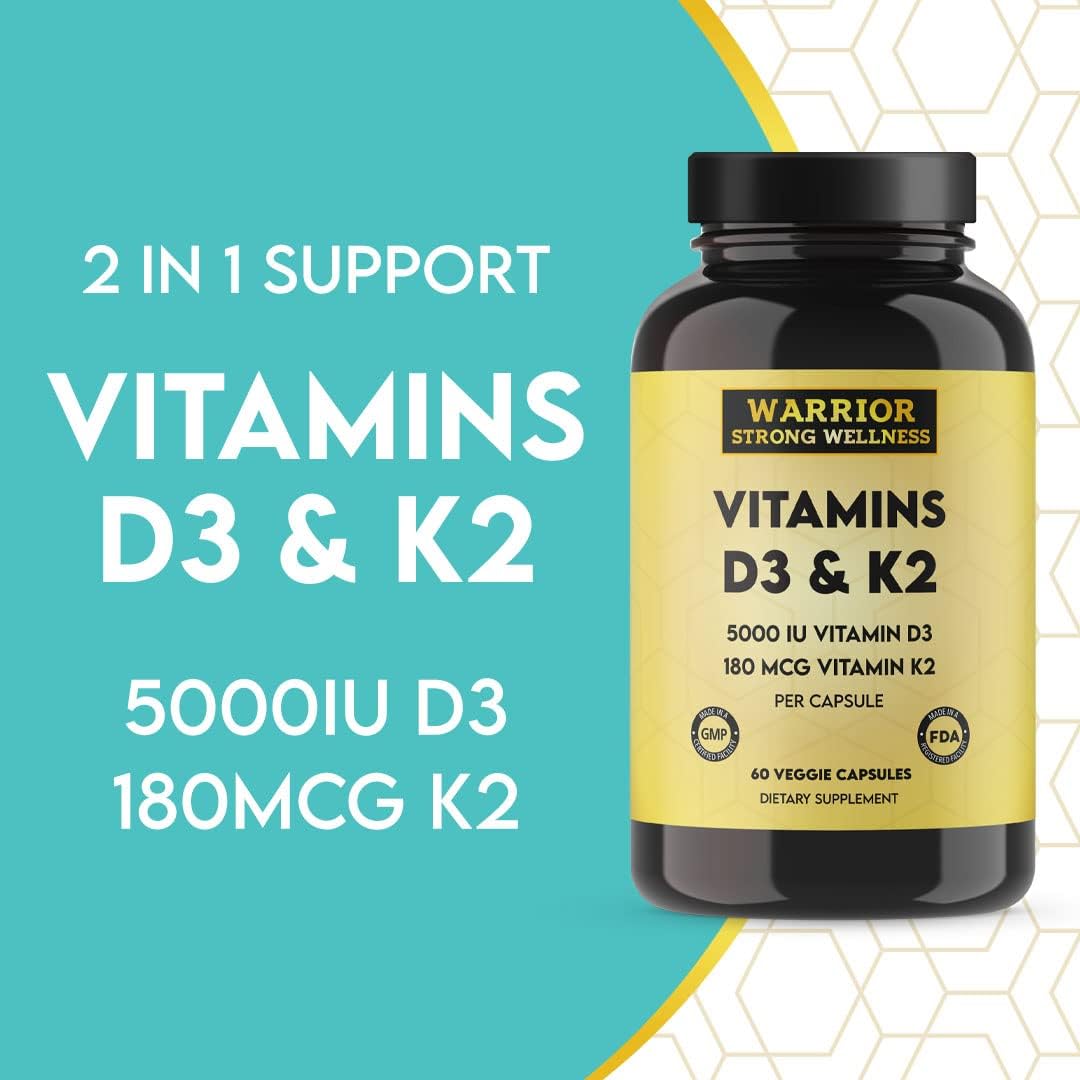 Warrior Strong Wellness Suplemento de Vitamina D3 y K2 - 5000 UI D3 + 180 mcg K2 MK-7 - Apoyo óseo - 2 meses, 60 cápsulas veganas