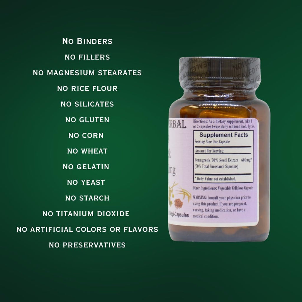 Extracto de Fenogreco Barlowe's Herbal Elixirs | 70% Furostanol Saponinas | 600 mg por Cápsula | 60 Cápsulas Vegetales | Sin OGM | Sin Estearatos | Frasco de Vidrio