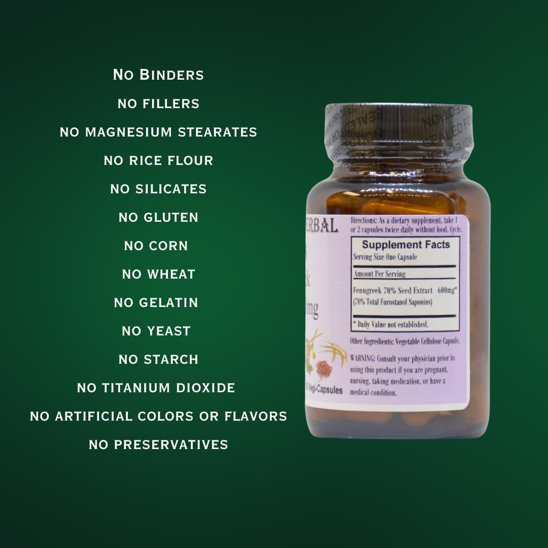 Extracto de Fenogreco Barlowe's Herbal Elixirs | 70% Furostanol Saponinas | 600 mg por Cápsula | 60 Cápsulas Vegetales | Sin OGM | Sin Estearatos | Frasco de Vidrio