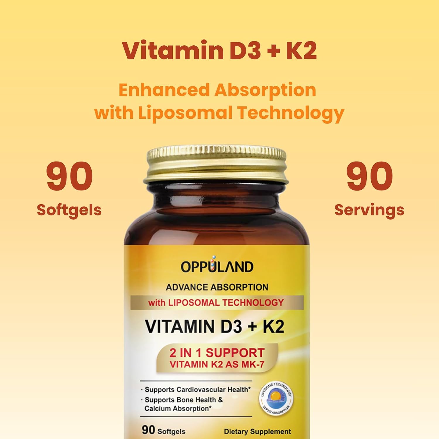 oppuland Vitamina D3 + K2 5000 UI - Tecnología Liposomal para Mayor Absorción - MK-7 Vitamina K2 100mcg - Ayuda al Metabolismo Óseo y del Calcio - 90 Cápsulas Blandas