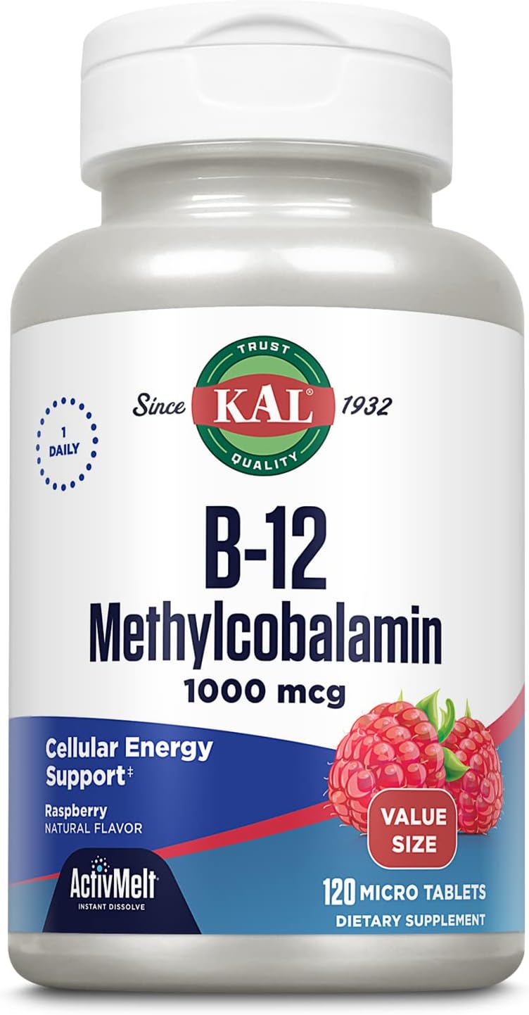 KAL Vitamina B12 Metilcobalamina 1000mcg, Comprimidos Sublinguales de Disolución Rápida, Sabor Frambuesa Natural, 90 Microcomprimidos