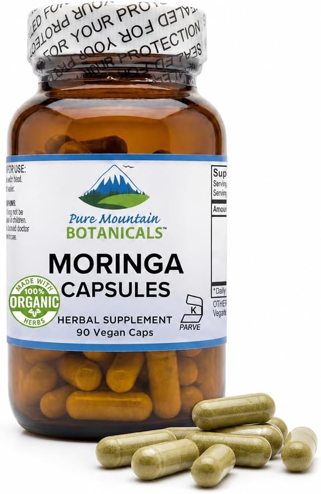 Pure Mountain Botanicals Moringa en Cápsulas - 1000mg Orgánico por Ración - 90 Cápsulas - Vegano Kosher Sin Gluten