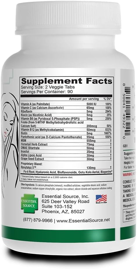 Essential Source Bonita V - Vitaminas Veganas para Cabello, Piel y Uñas con Biotina - 180 Comprimidos